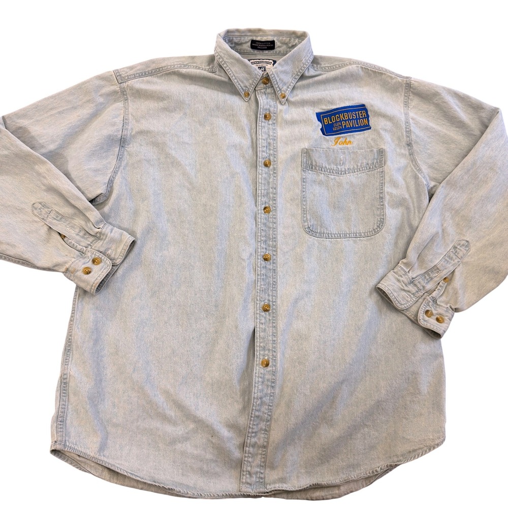 Vintage Lee Blockbuster Glen Helen Pavilion Denim Work Shirt Mens XL Light Wash